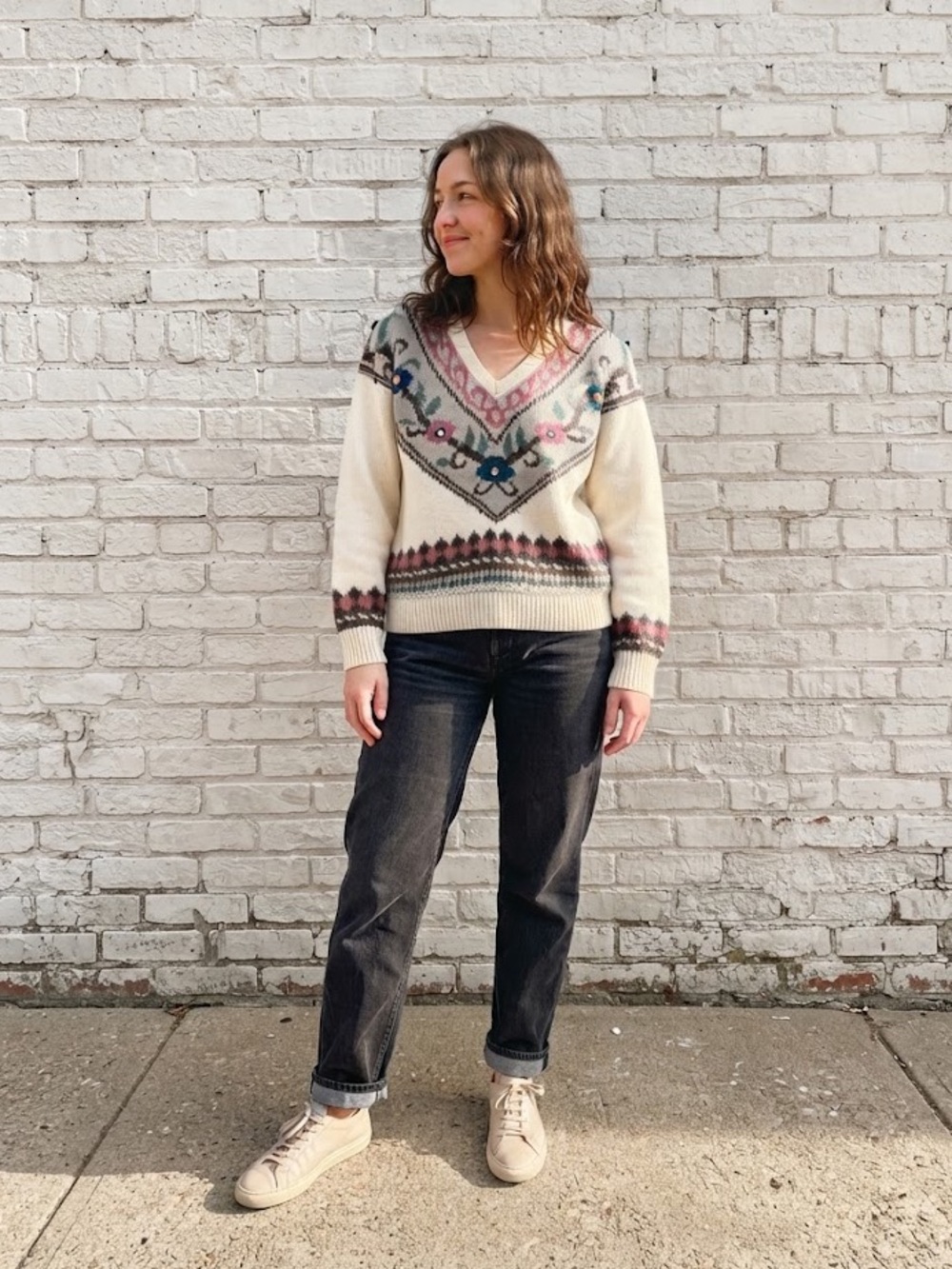 Vintage Beige 90s Floral Knit Sweater Cottagecore Grandmacore Shabby size small